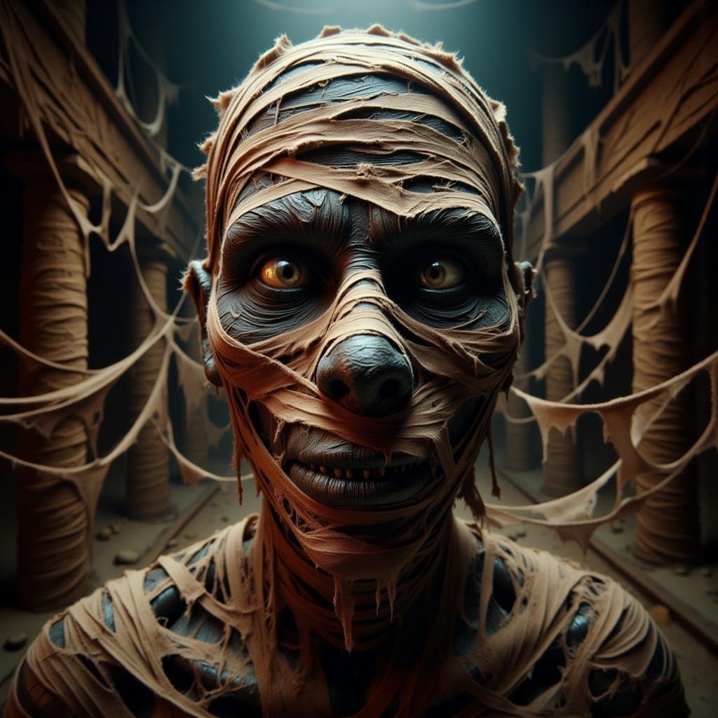 <lora:-The Mummy-:1.0> a mummy guardian staring deep in the viewer's eyes