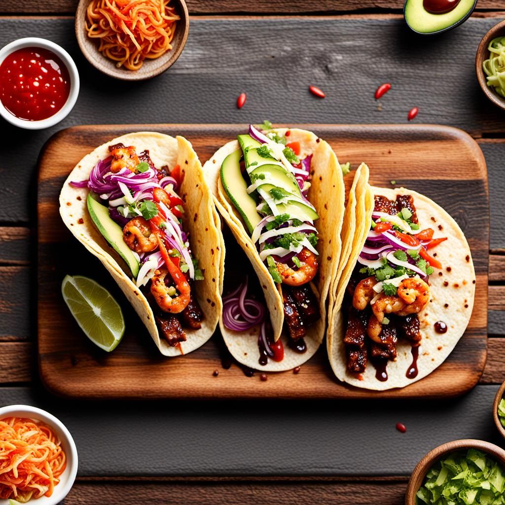 Fusion Cuisine Tacos: A colorful and inventive taco trio fea...
