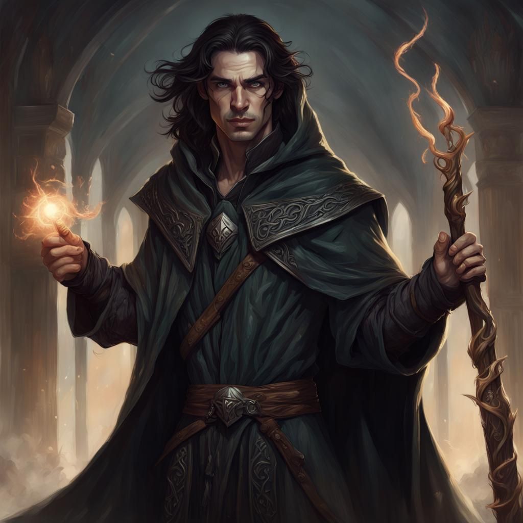 A 24 year old dark haired male high elf sorcerer. Wearing a billowing ...