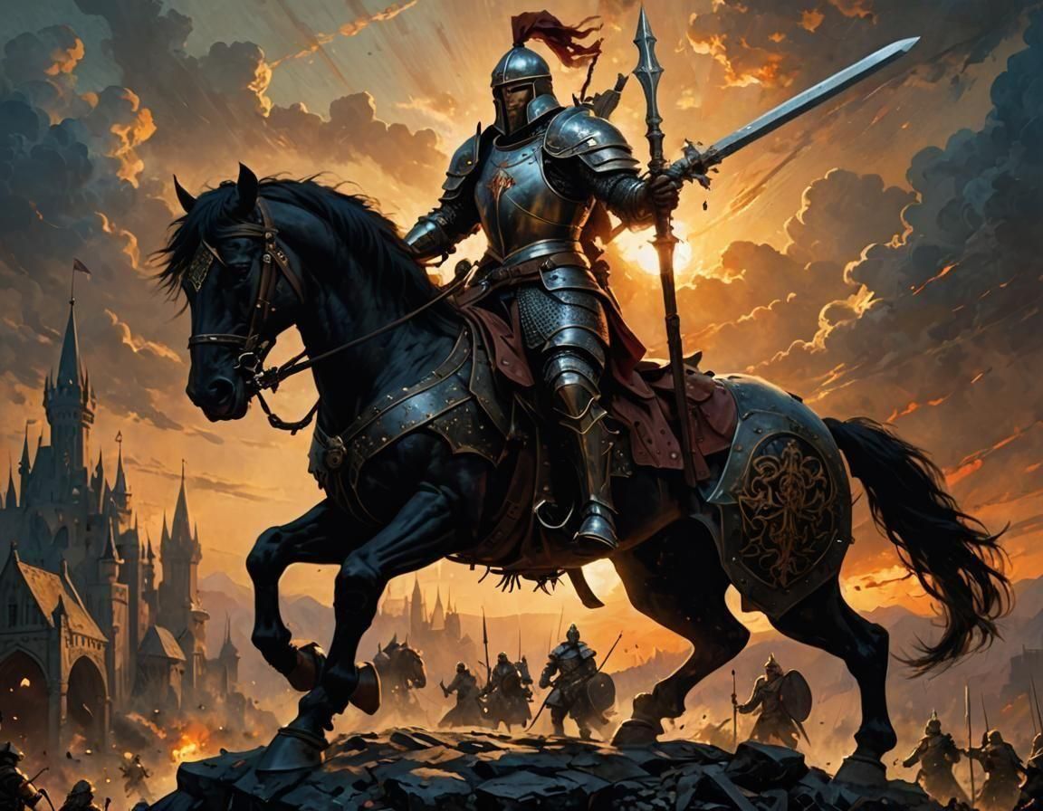 Medieval Armored Warhorse leaping over a slump of bodies. The Warrior holds a long Lance