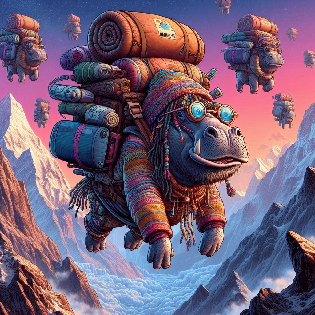 Humanoid hippie hippos hovering the Himalayas