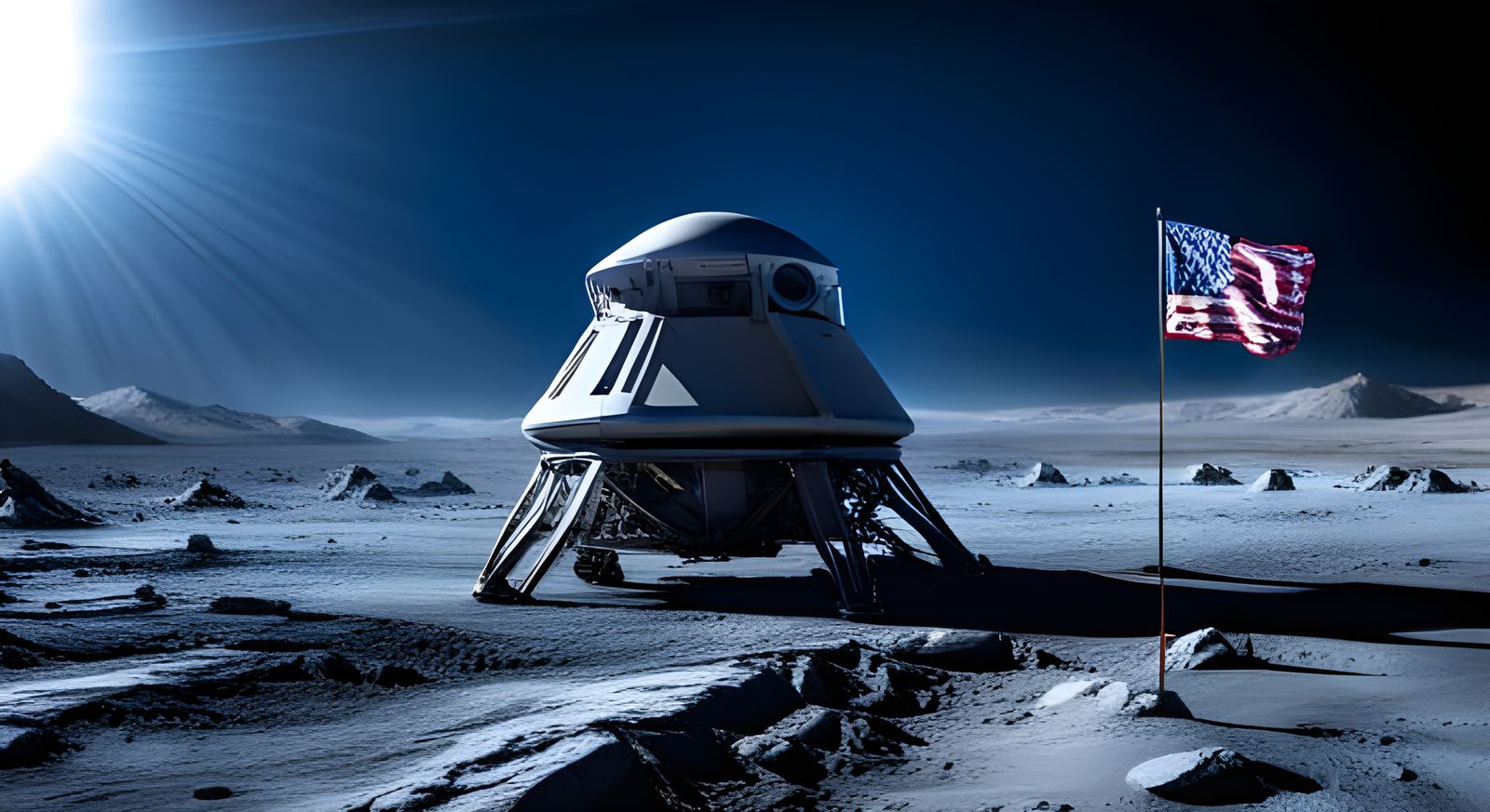 An Alien Spaceship On The Moon By The US Flag