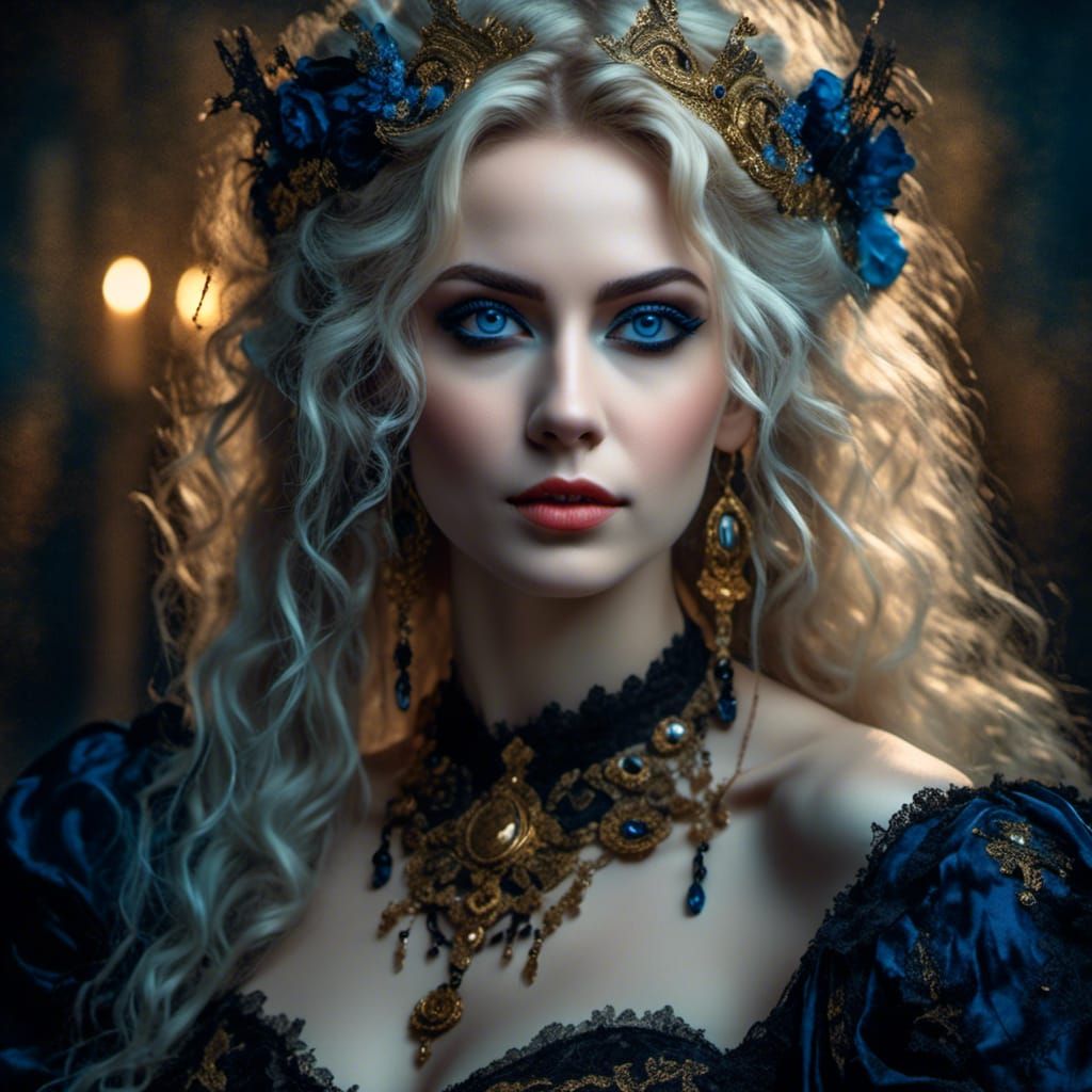 head and shoulders portrait of a beautiful blond gothic woman, blue eyes, blue black gold colors <lora:Gothic Beauty:1.0> 