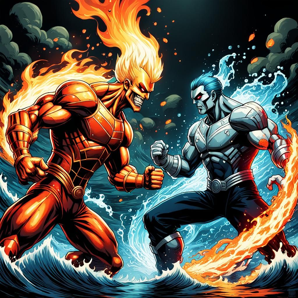 anime villian showdown, water villian vs fire villian, fight, anime ...