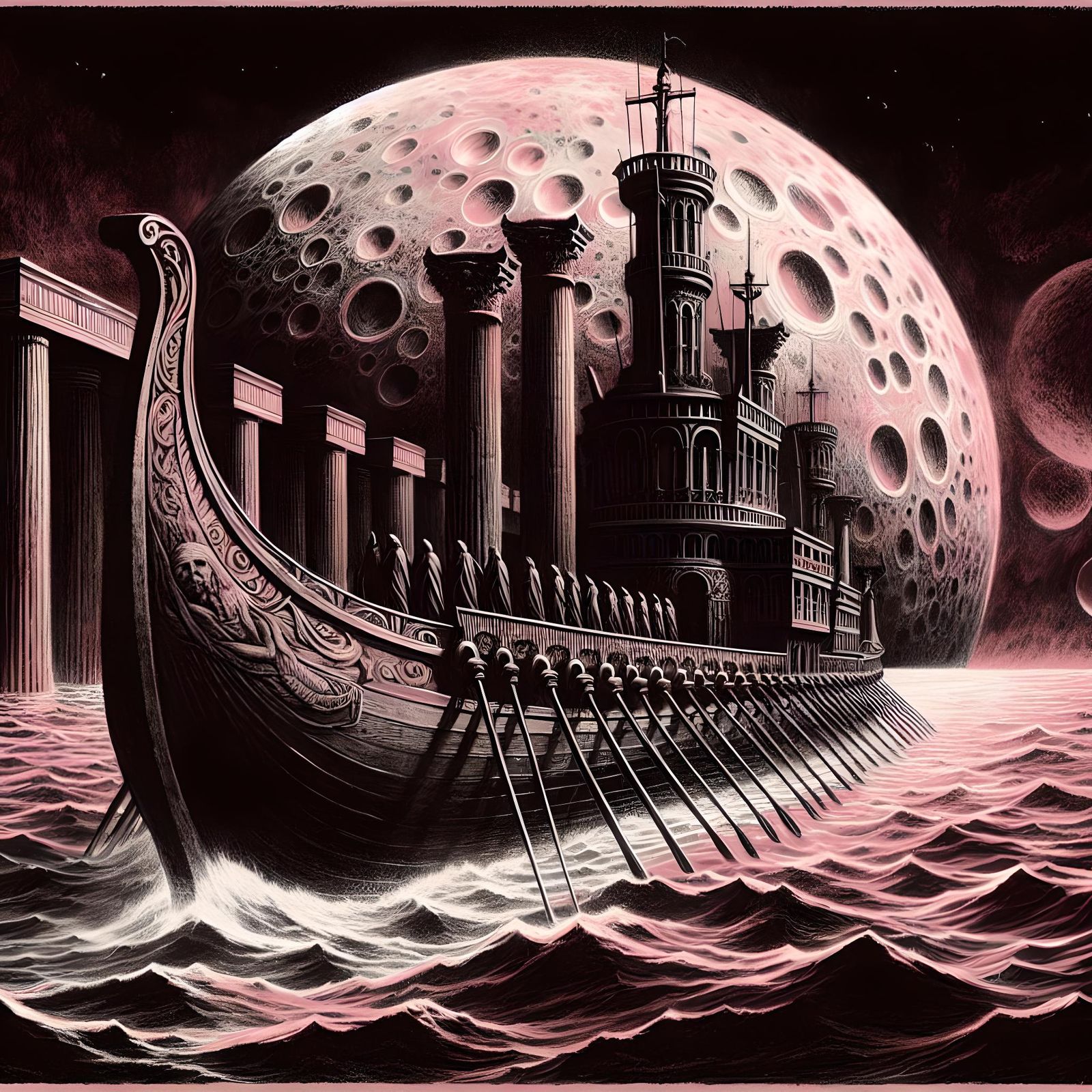 a stately, roman galley sailing the winered oceans of far fu...