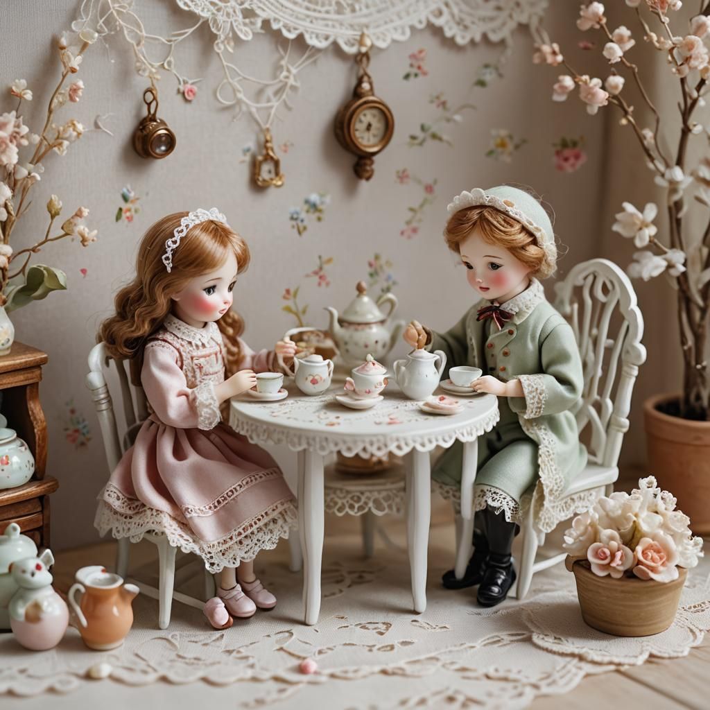 Miniature Doll Couple's Whimsical Breakfast Scene