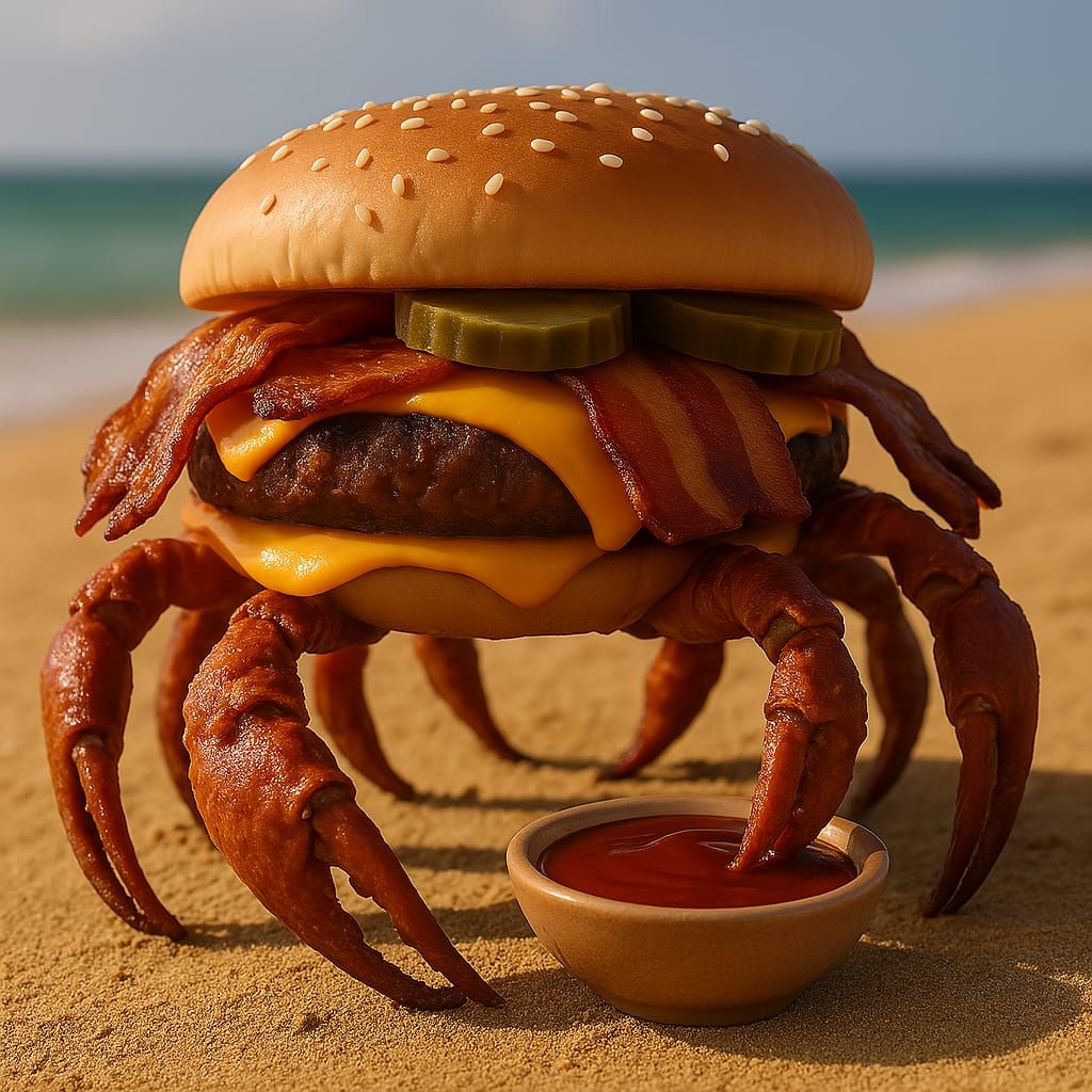 beach-dwellin' crispy critter burger with side crab sauce