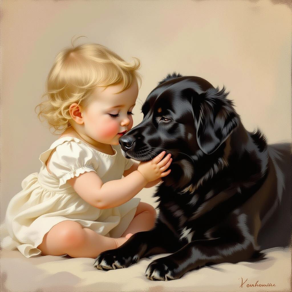 Blonde Baby Girl Comforts Crying Dog in Painterly Style