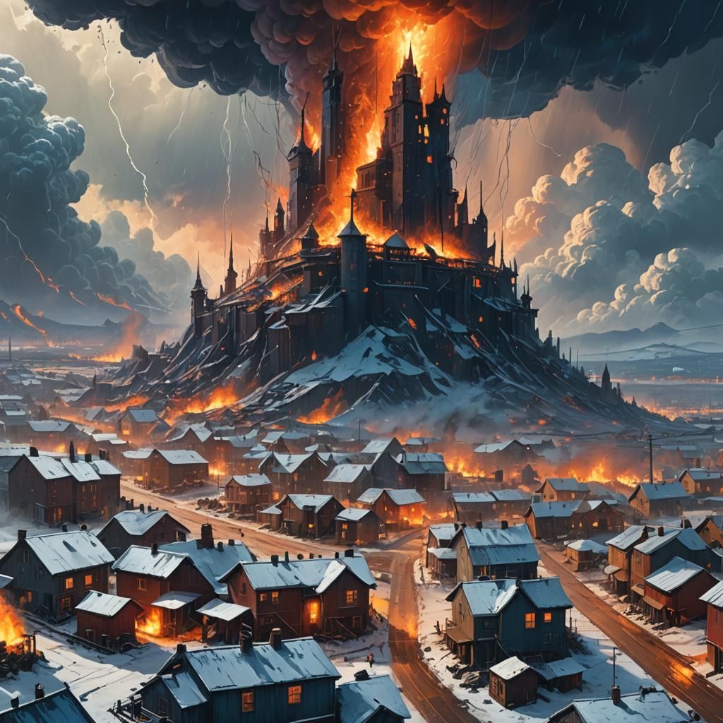 Flame Hailstorm Sweeping the Countryside: Fantasy Oil Painti...
