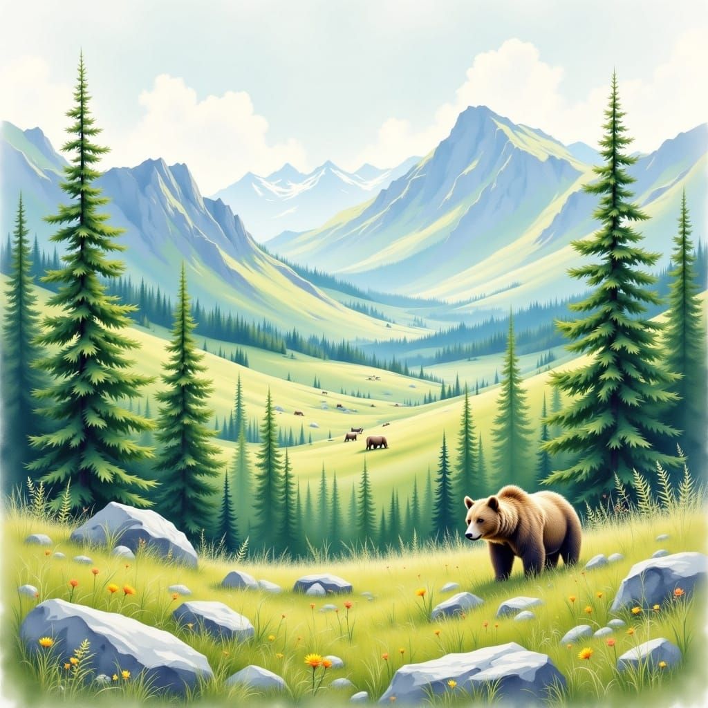In Claude Monet style. Epic view of a green highland biome with a grizzly bear present. Watercolor. <lora:Watercolor worlds 3:1.0> 
