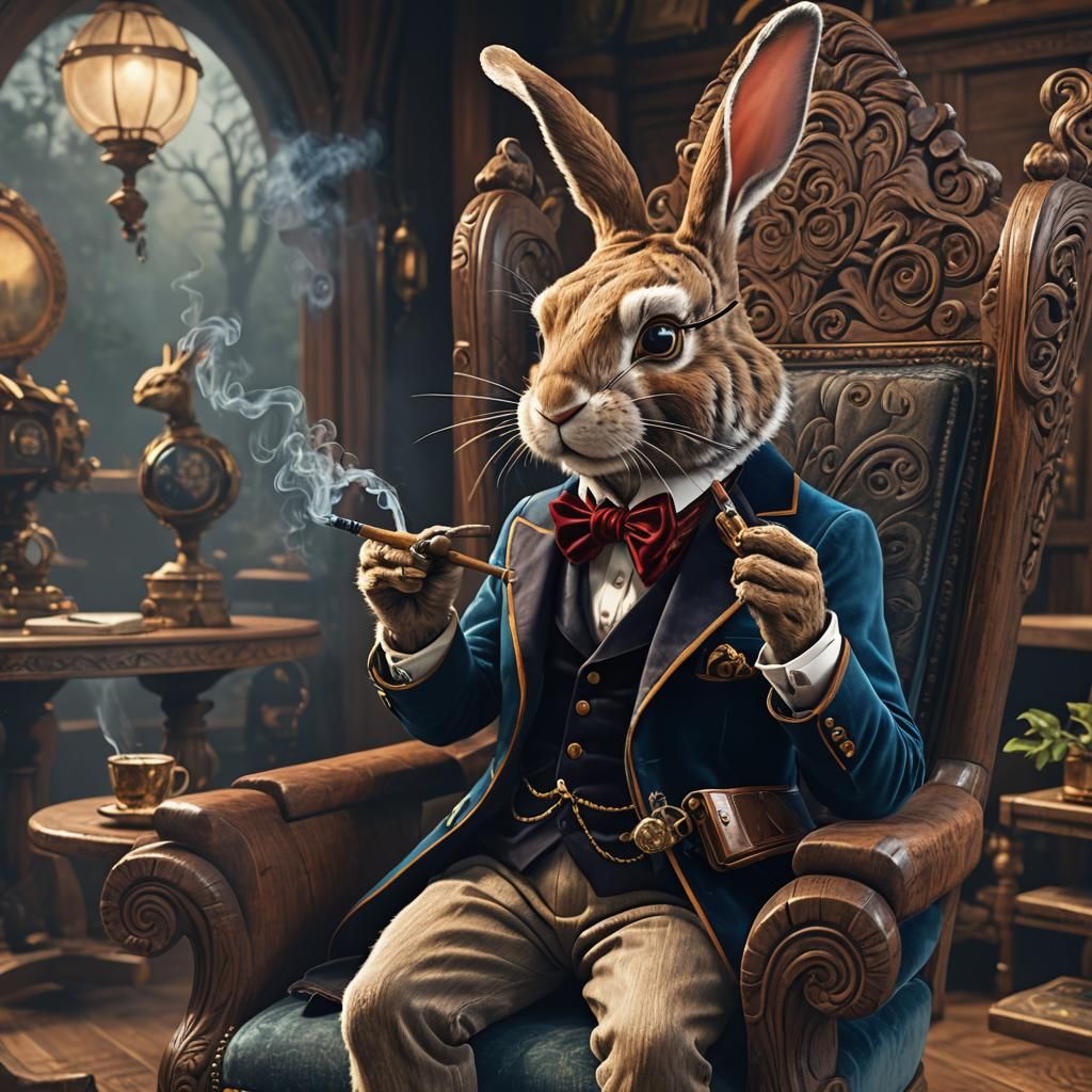 Rabbit Gentleman Smoking Pipe, Detailed Matte Painting
