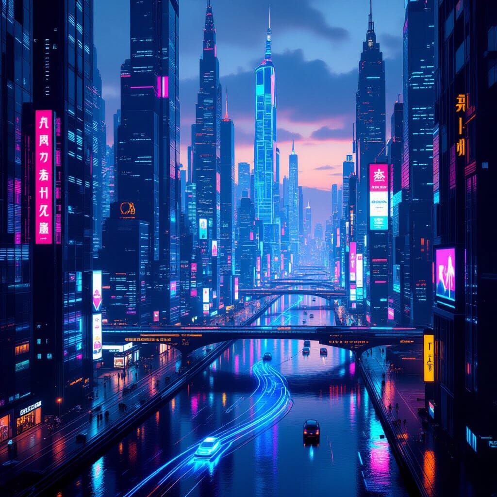 A sprawling, futuristic metropolis at twilight, with towering skyscrapers made of shimmering, iridescent liquid metal that flows and reforms...