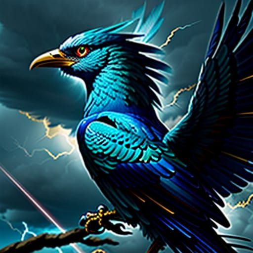 Japanese Anime Thunderbird Flying in Stormy Sky