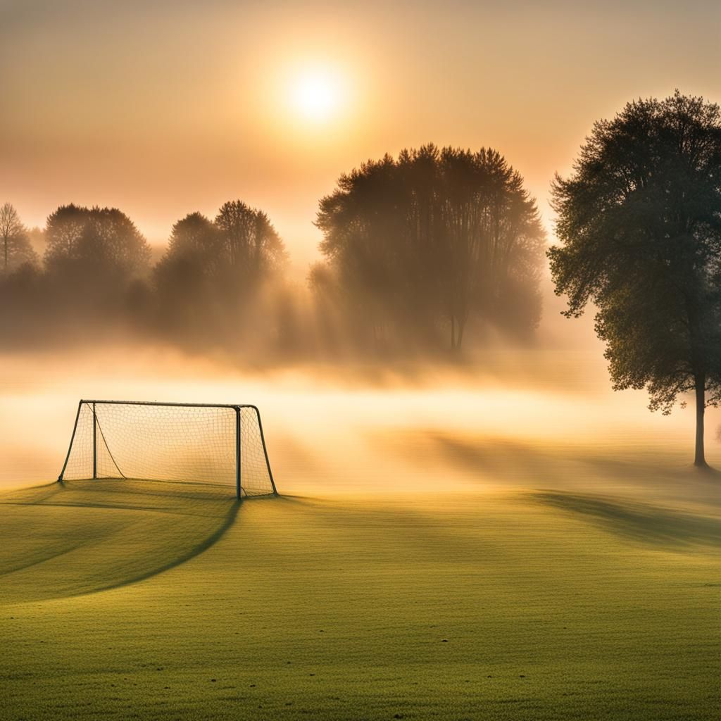 A calm sunrise over a football pitch with morning mist settl...