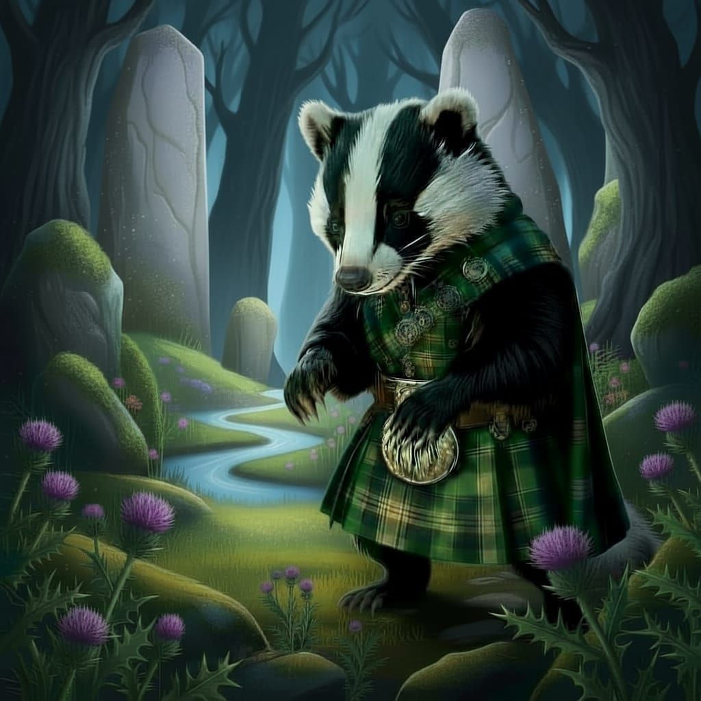An anthropomorphic badger, dressed in a Scottish kilt carefully examines a small, intricately carved wooden chest filled with glowing runes ...
