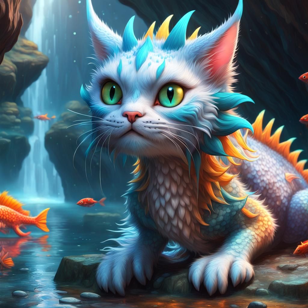 Blue-Eyed Dragon-Cat Hybrid Hoard in 3D Digital Art