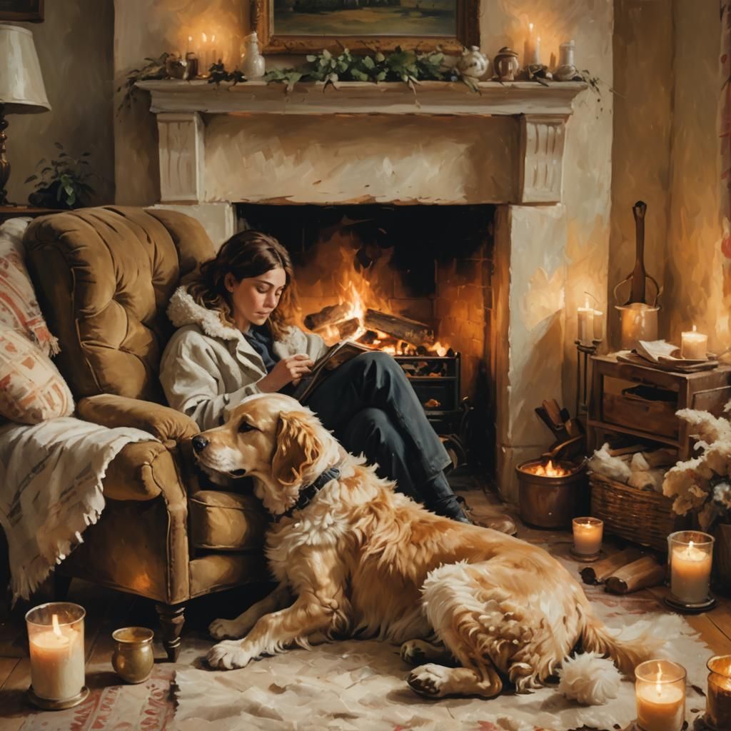 Snuggling by the fire.  by @Suz