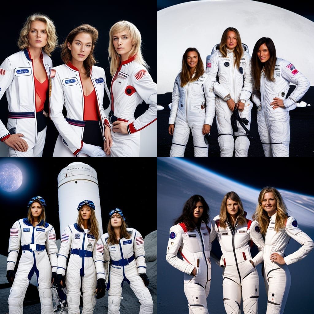 3 Victoria's Secret models in spacesuits exploring the surfa...