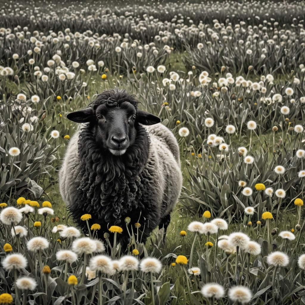Black and White sheep in a field of dandelions