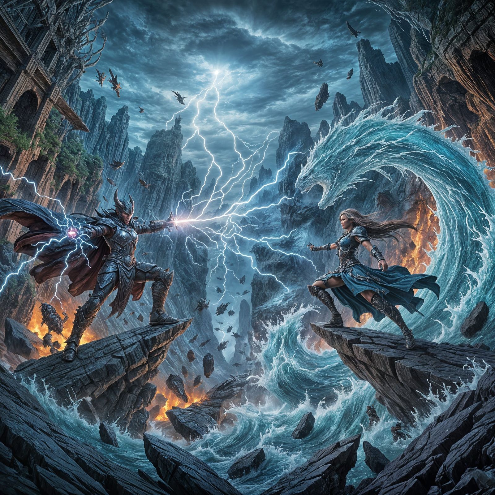 Twin warriors unleash elemental fury in battle.
One channels thunderbolts, the other water torrents.
They ...  by @KomBib