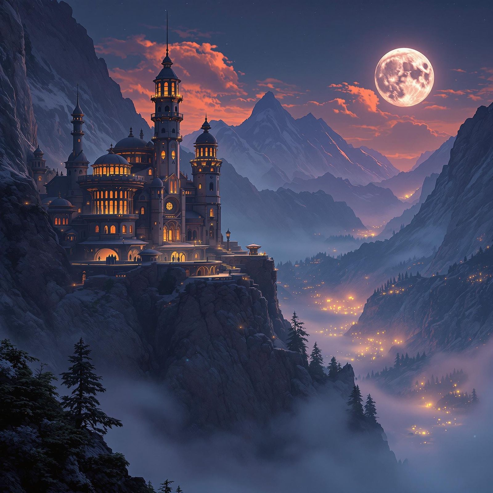 A serene mountaintop monastery at night by the moonlight   by @Orphelia 
