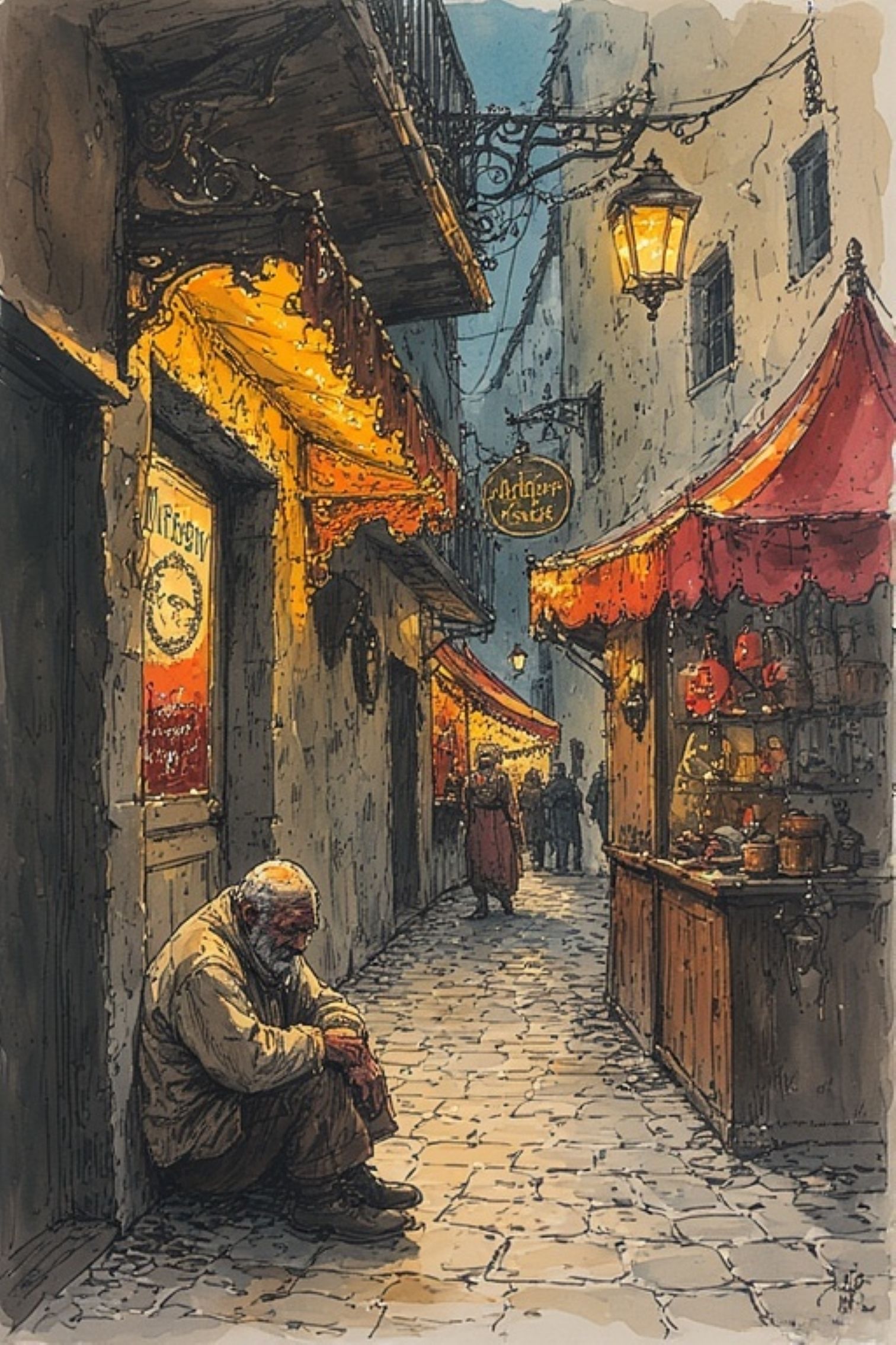 A lone beggar huddled in a dark