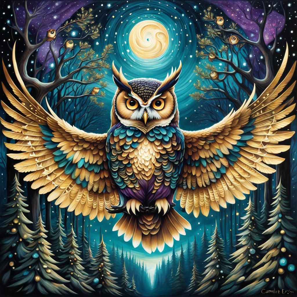 Stunning Owl Attacking Prey in Whimsical Surrealism Style