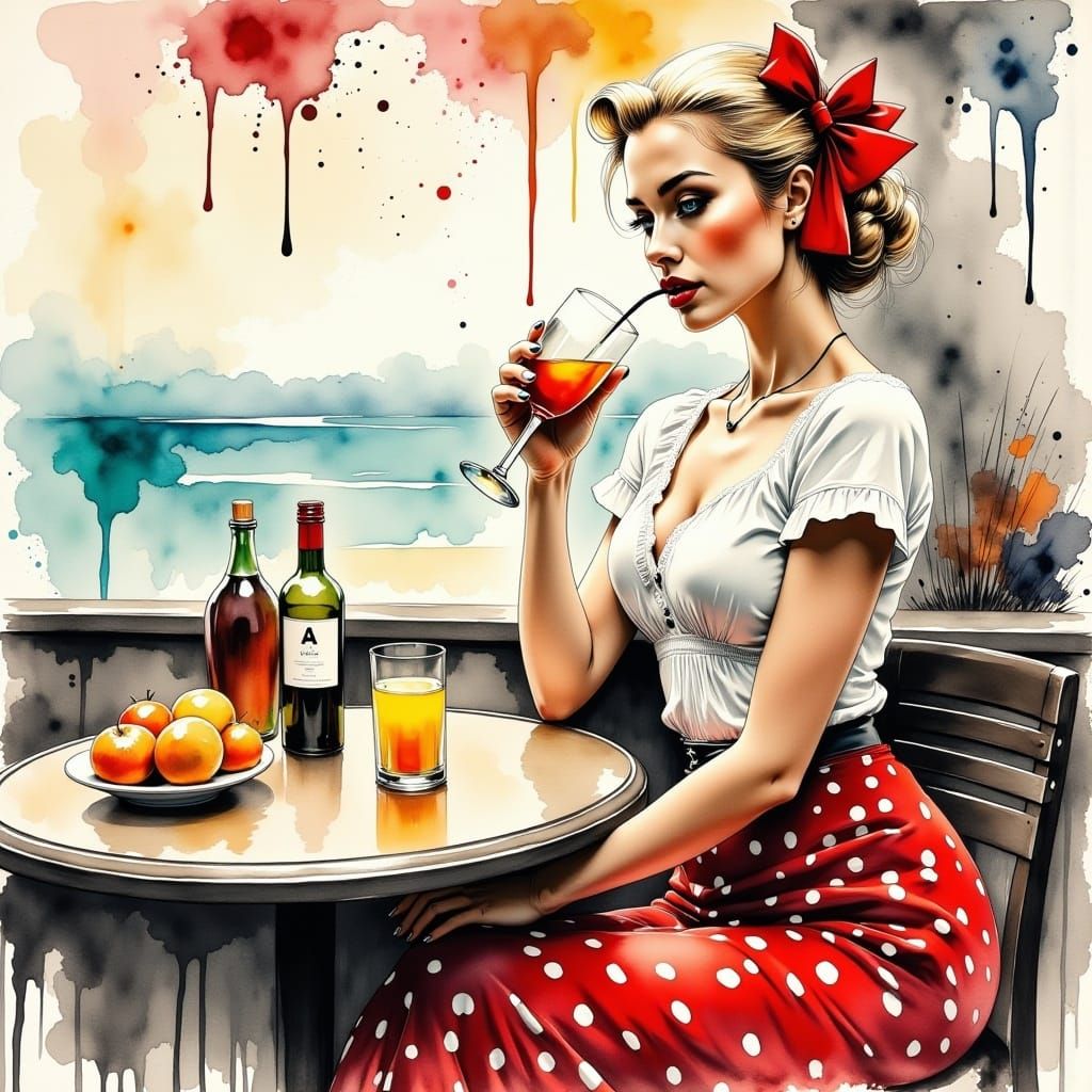 <lora:Charcoal Ink Fx:1.0> stunning woman in pinup style, blonde hair, blue eyes, red lips, red printed skirt with white polka dots, white b...