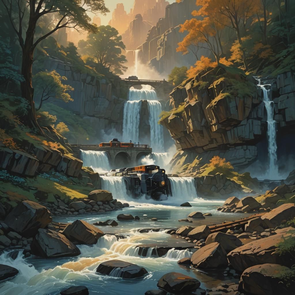 Vintage Train on Bridge at Sunrise: Ethereal Landscape