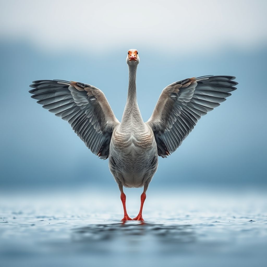 A gray goose with wings spread wide