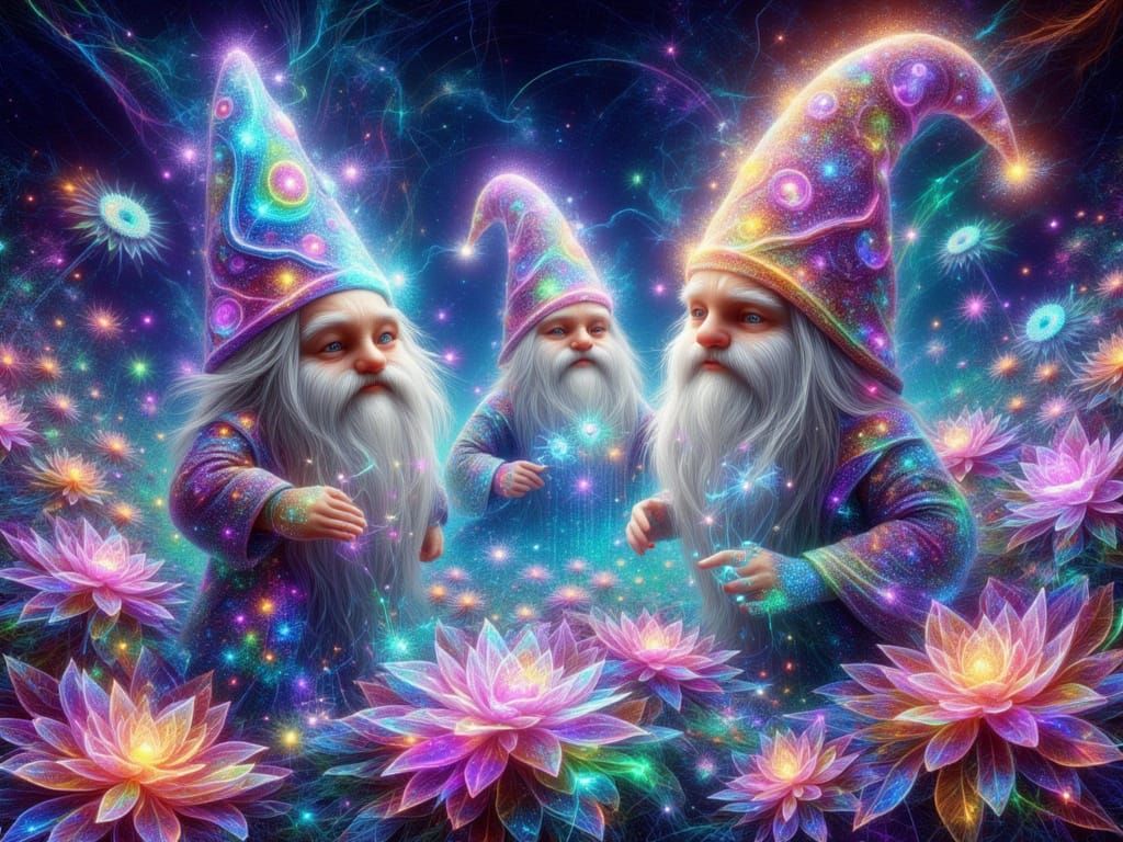 <lora:FiosQuantumFractal:1.0>  Gnome Gardeners in a vibrant world