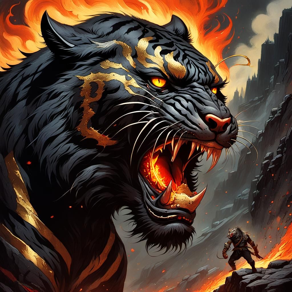 Werewolf-Tiger Hybrid Overlooking Blazing Mountain