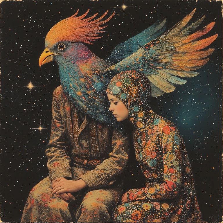 sitting alongside a large, colorful bird