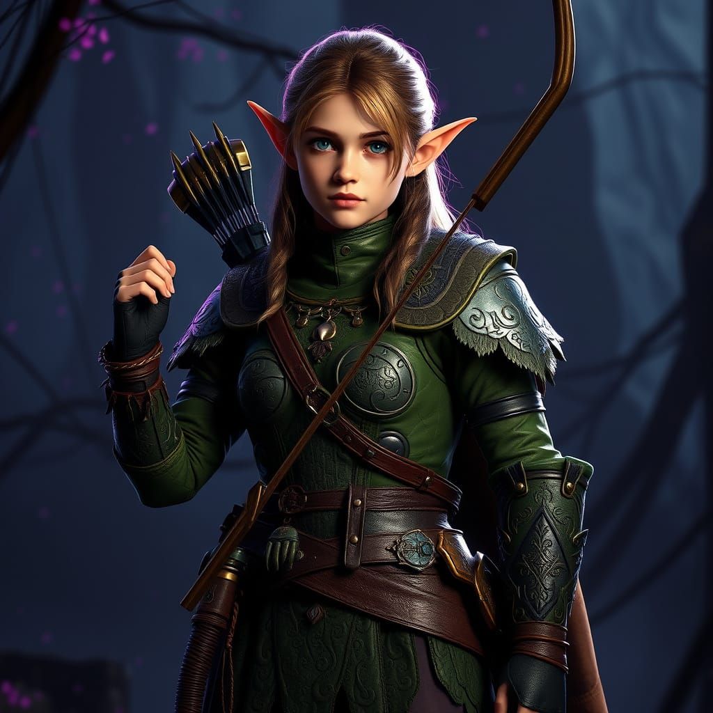 Young Elven Ranger - Elegant Elven Ranger in Green Leather A...