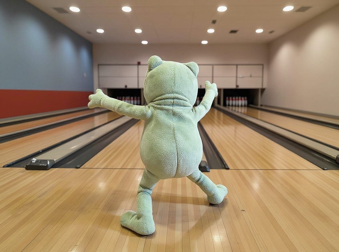 Let this frog bowl on a bowling rink, show the frog from behind as he throws a strike