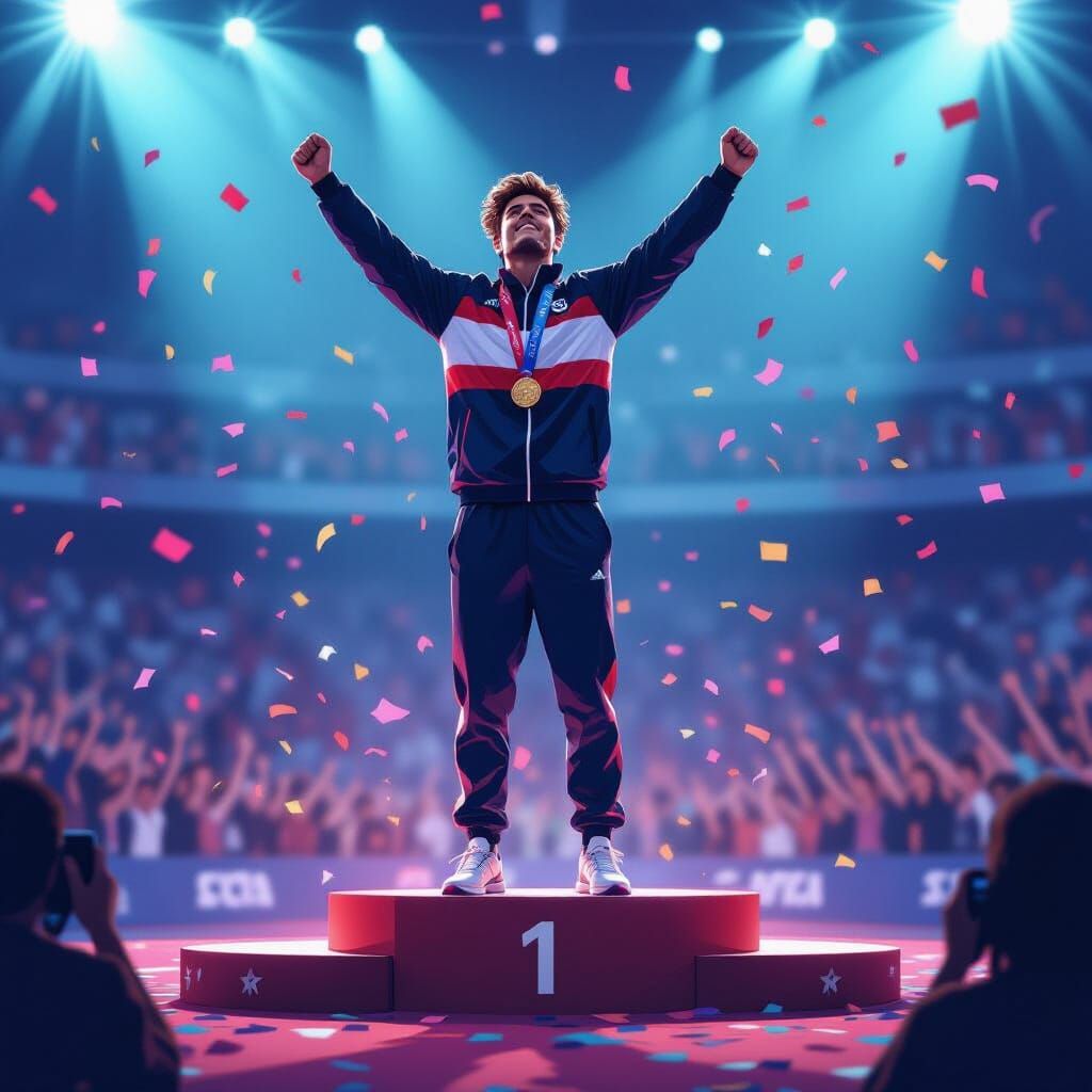 Triumphant Athlete Celebrates Victory on Podium