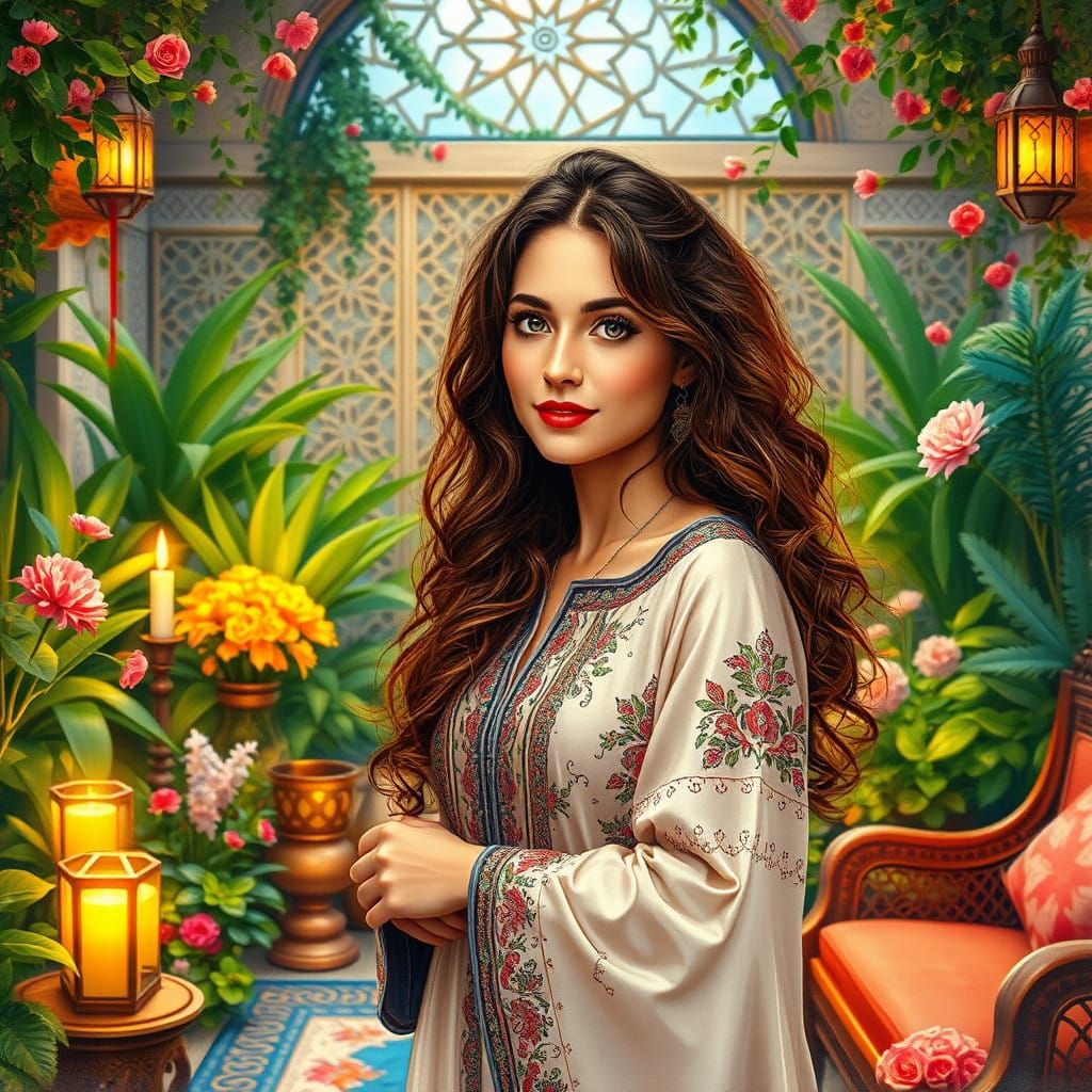 Woman in Serene Middle Eastern Garden with Geometric Pattern...
