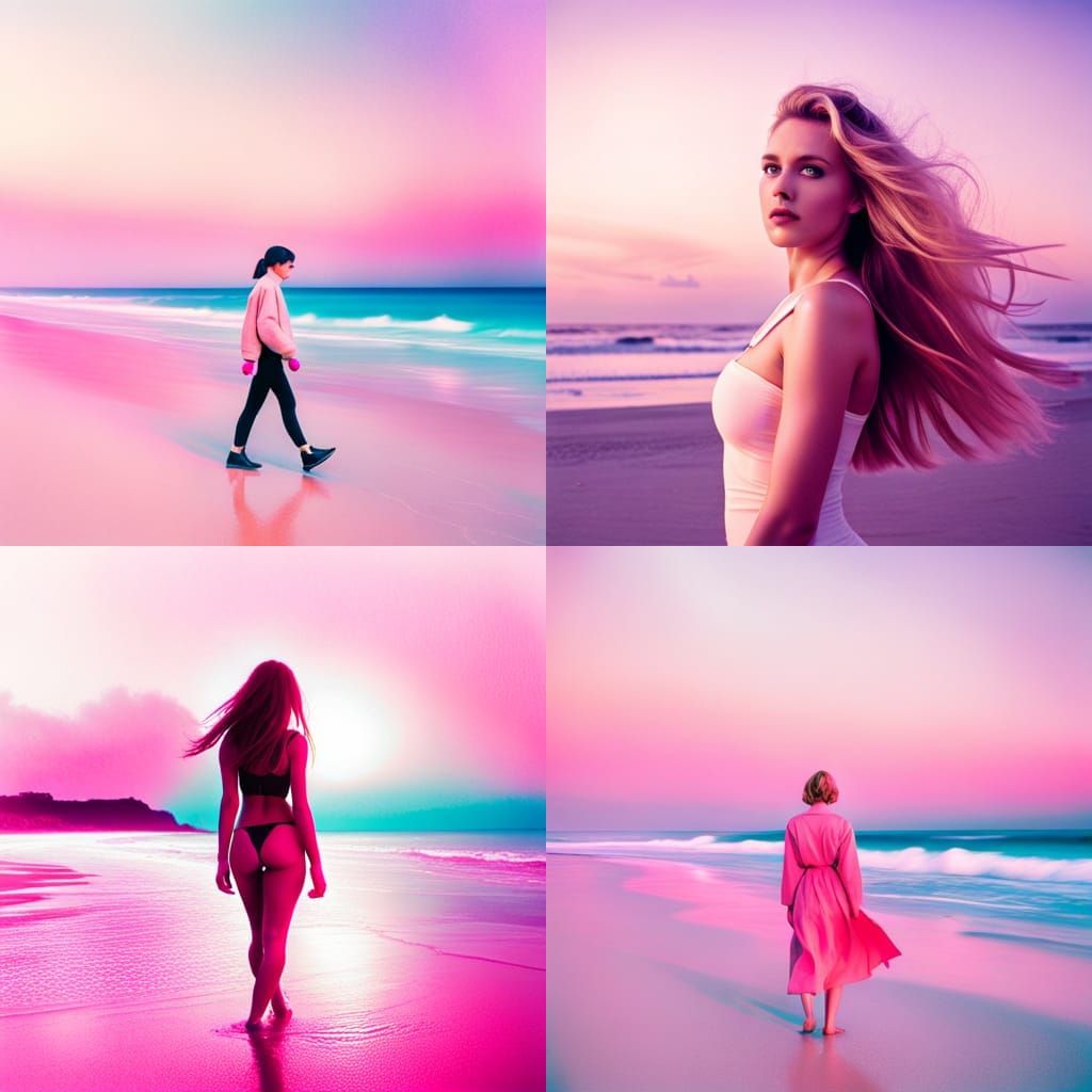 Beautiful woman walking on beach powder pink vaporwave aesth...