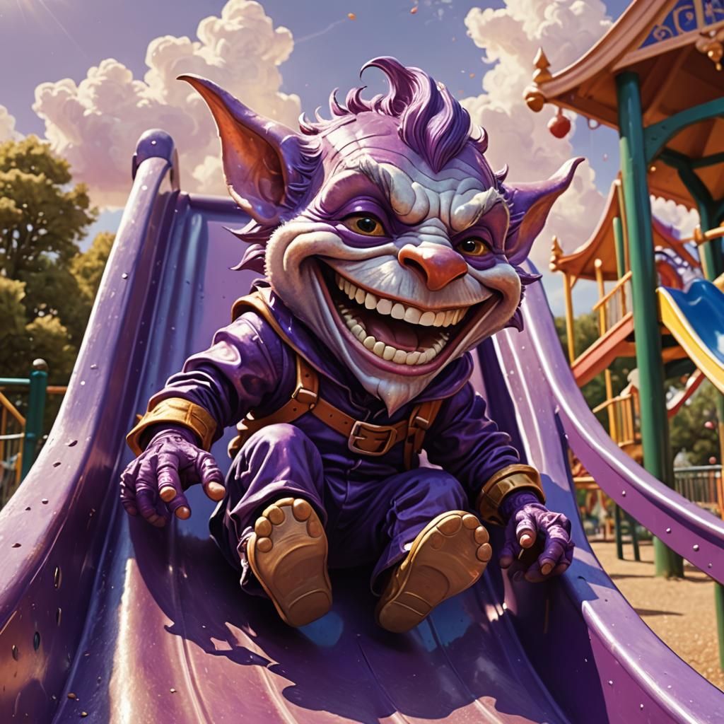 cute smilinng purple hobgoblin coming down the slide on a pl...
