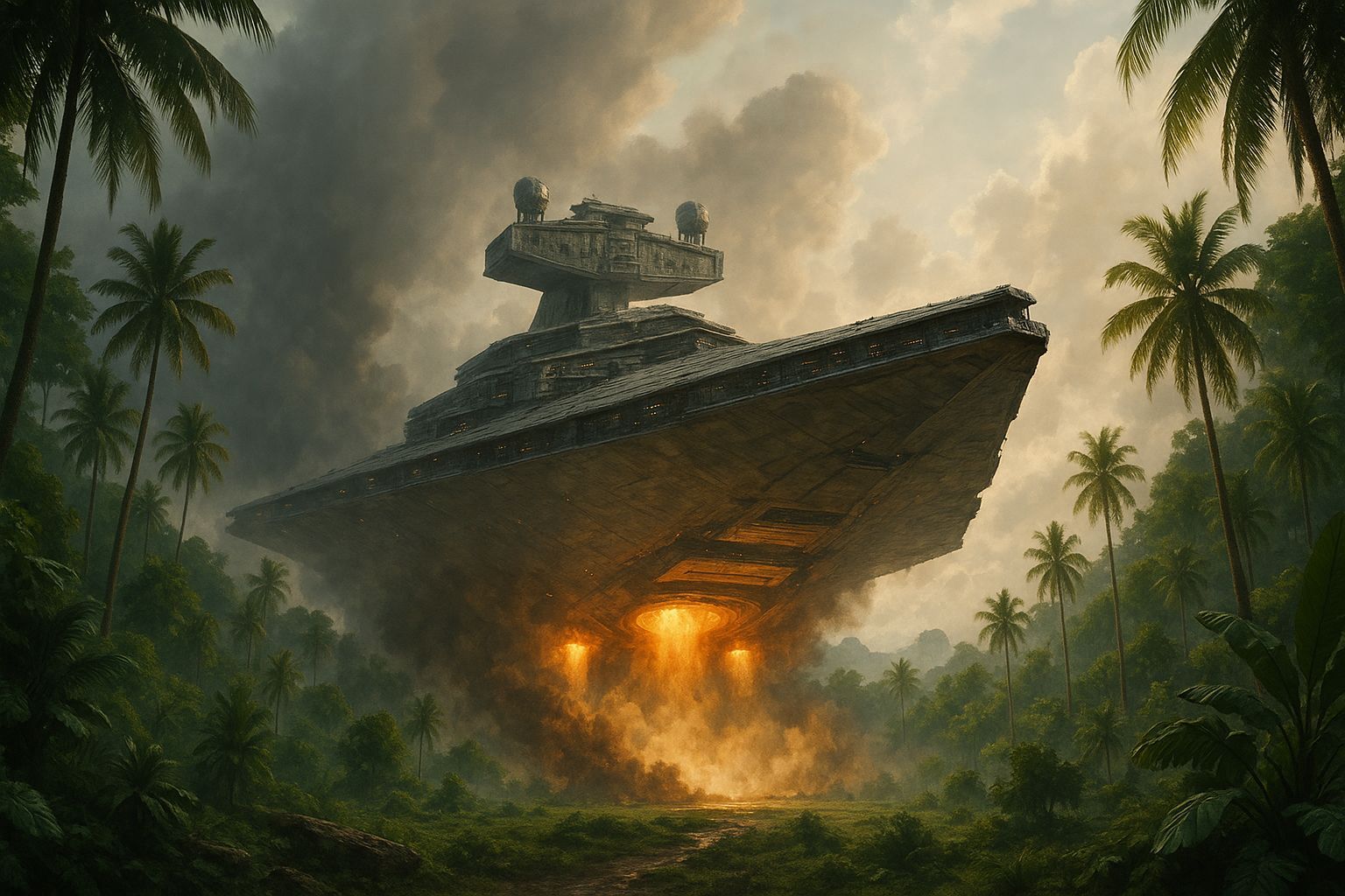 giant imperial mother ship landing in a tropical jungle