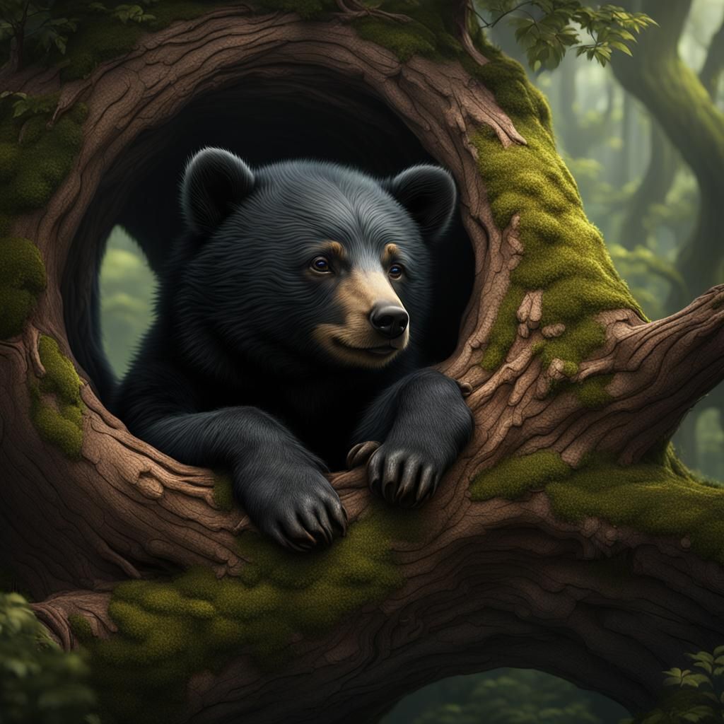 a baby black bear curled up in a tree