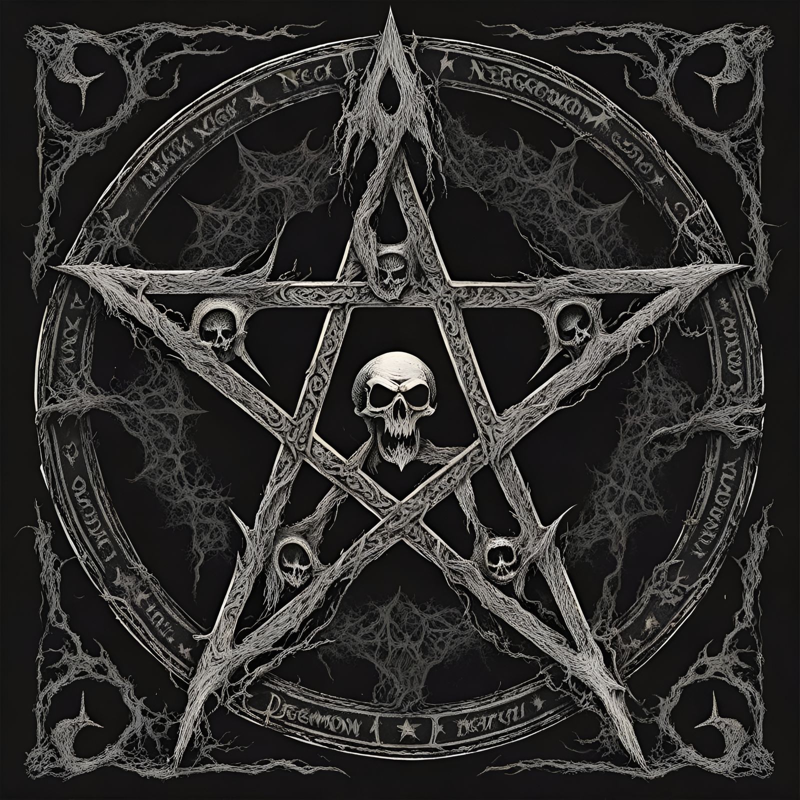 Demon Necronomicon Satanism pentagram,in the style of Creepy...