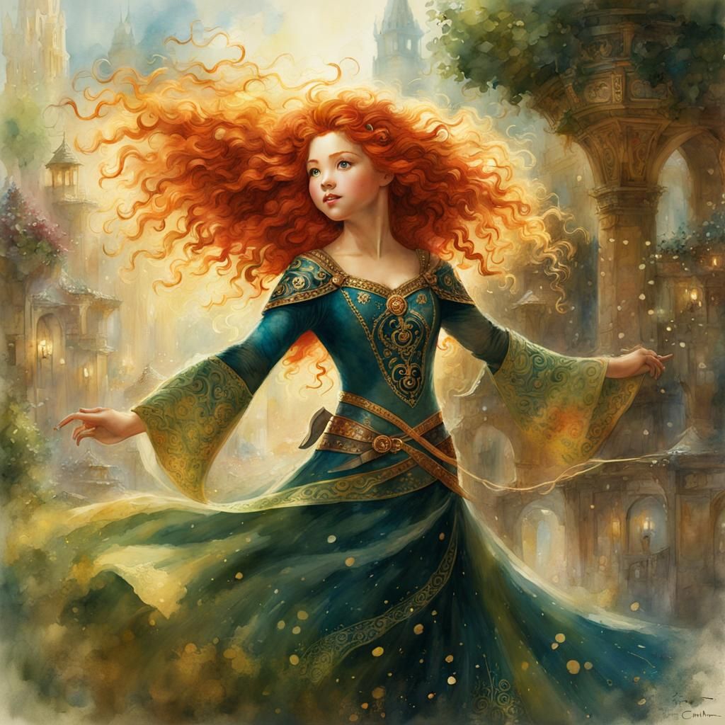 Princess Merida Dancing in Klimt-Inspired Fantasy Art