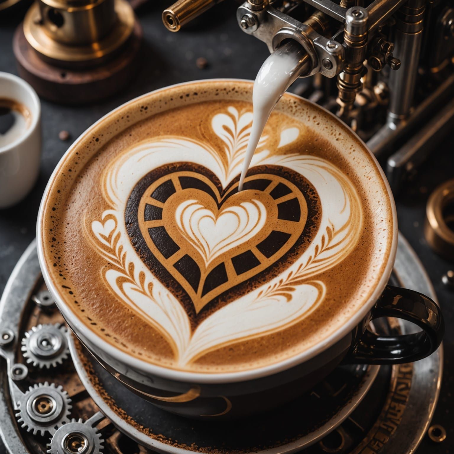 close-up of a latte with a detailed heart design formed in the foam  by @PFT Media