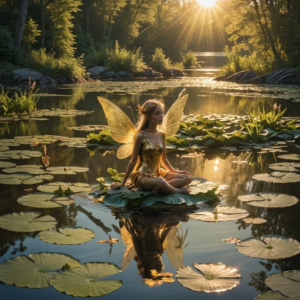 Golden light on a lake with a fairy sitting on a lillipad with sun gleaming through her wings  by @Llama Rich