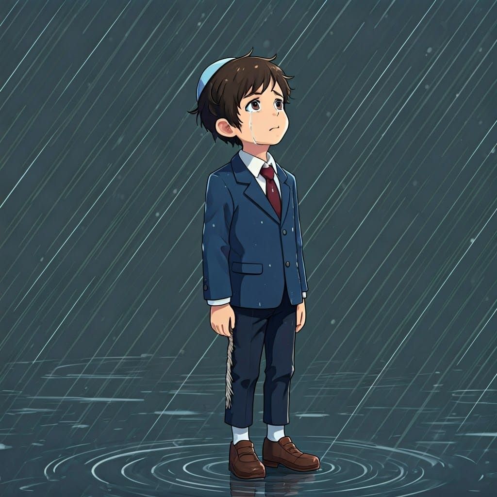 Young Boy in Rainy Grey Morning, Anime-Style
