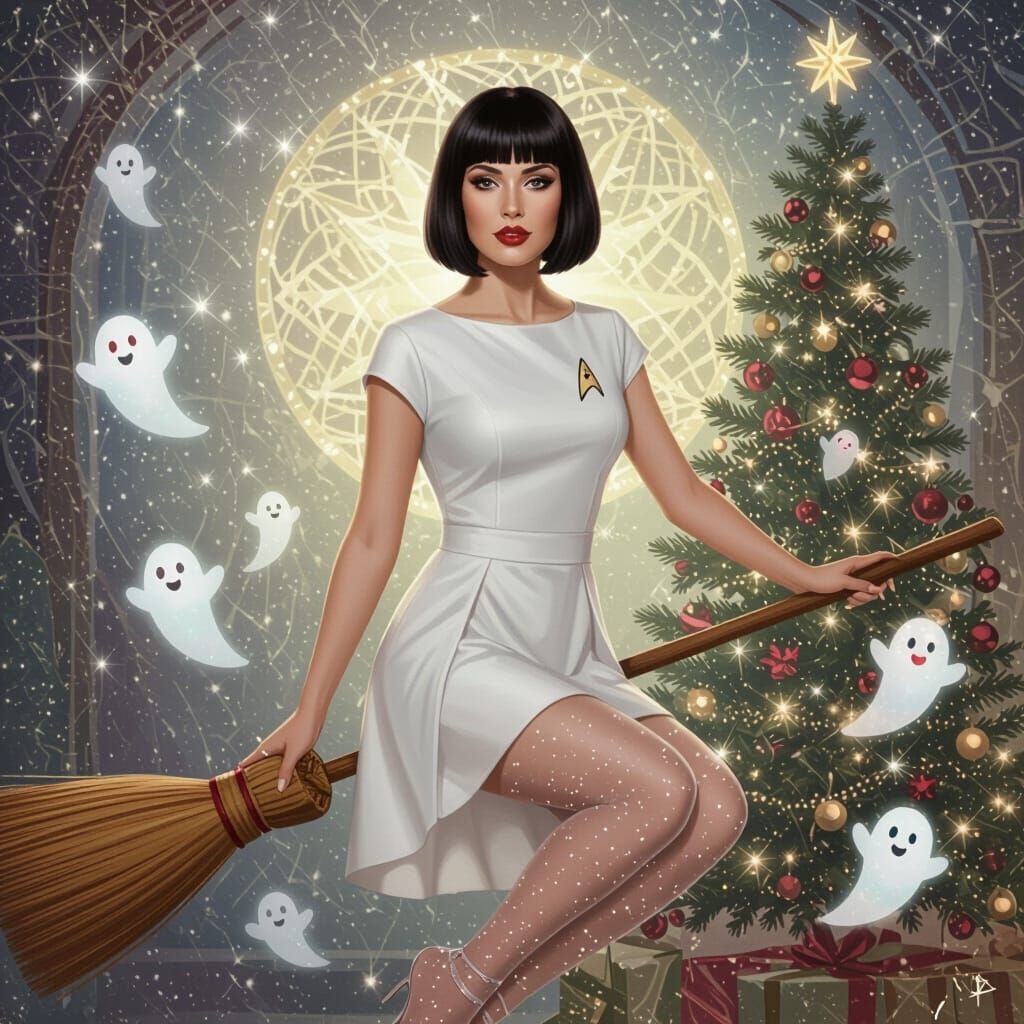 A semi-realistic digital painting of Loxy Isadora Bliss, a beautiful, mystical woman with a short Cleopatra-style bob, floating gracefully s...