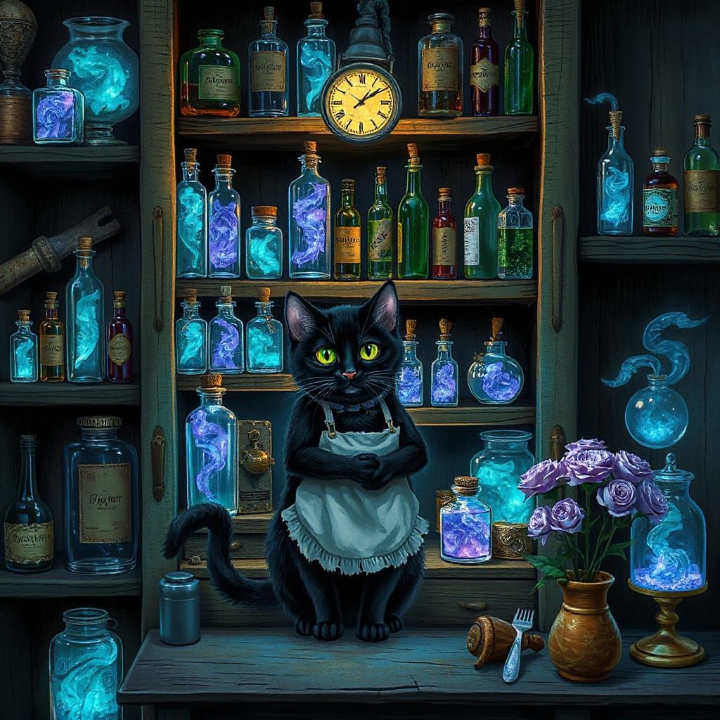 magical black cat running a tiny midnight potion shop for spirits, shelves full of glowing bottles, ethereal blue and purple lights, witchy ...