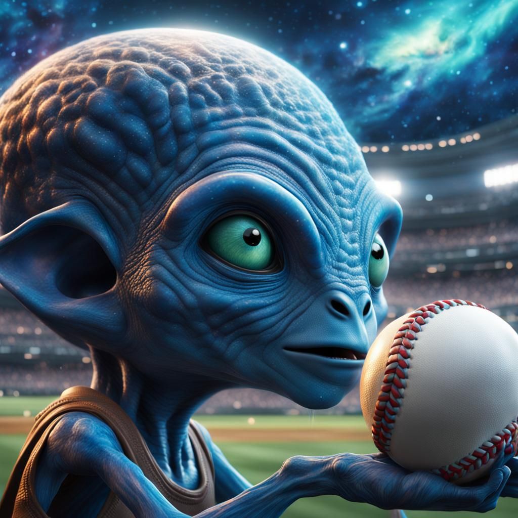 up close shot of a blue alien playing baseball, up close of ...