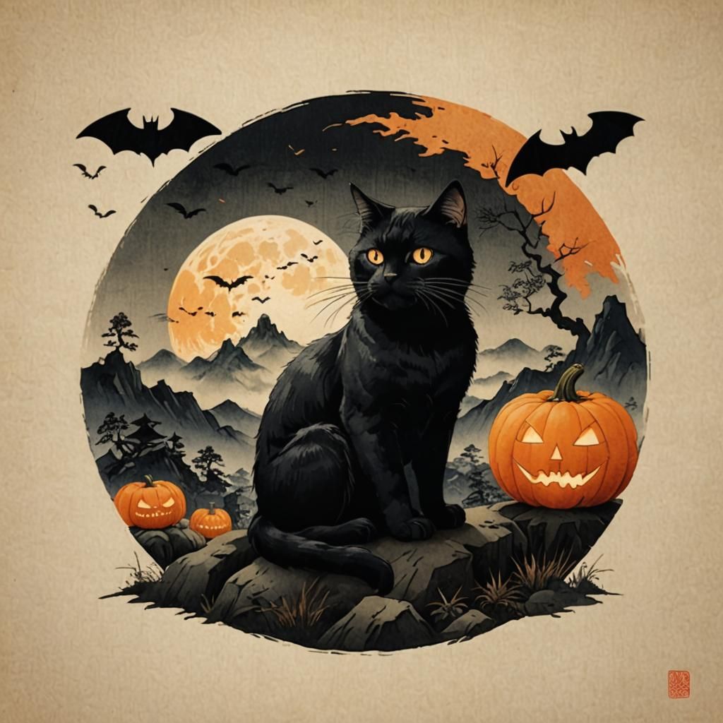 Halloween cat inspired by Ohara Koson  by @Kalpine